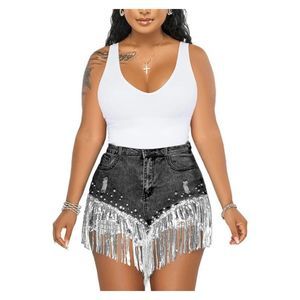 High Waist Ripped Rhinestone Pearl Beaded Fringe Tassel Frayed Black Jean Shorts